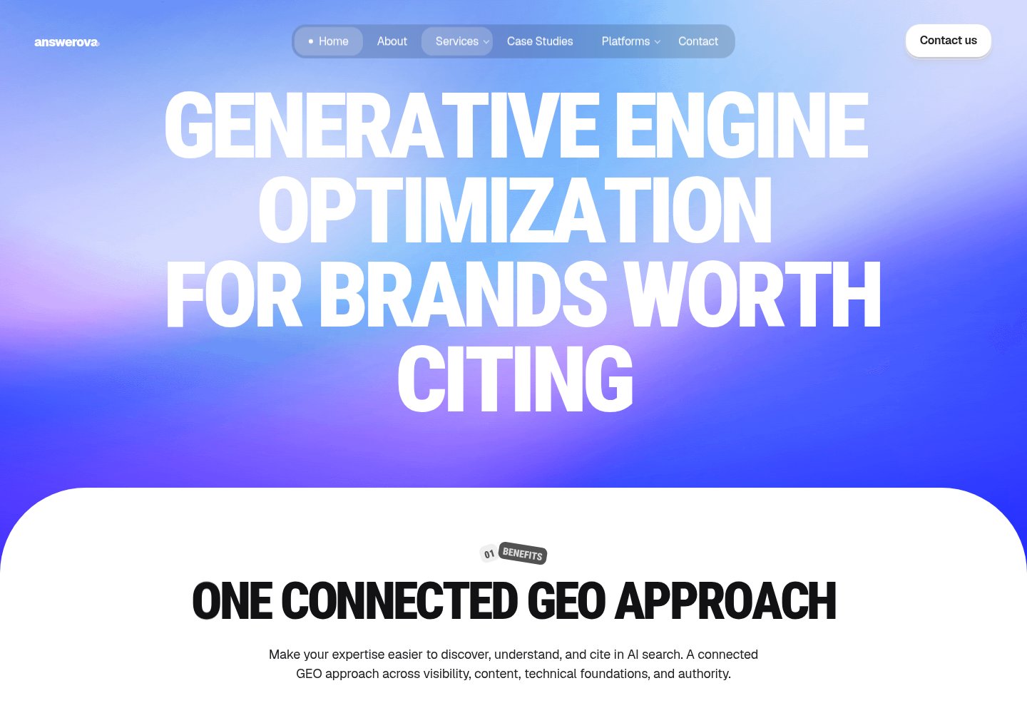 Answerova homepage, showing the public website design
