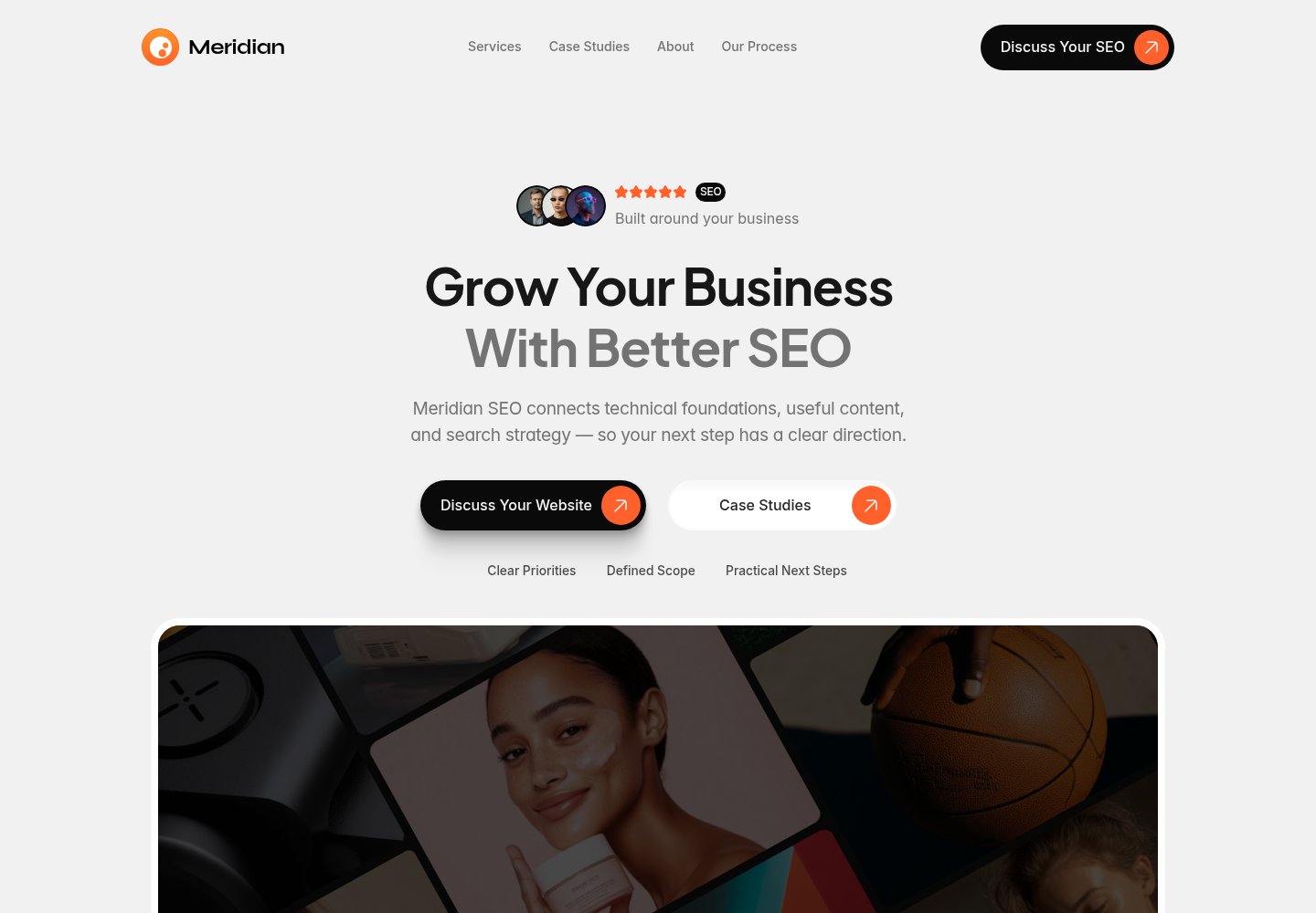 Meridian SEO homepage, showing the public website design