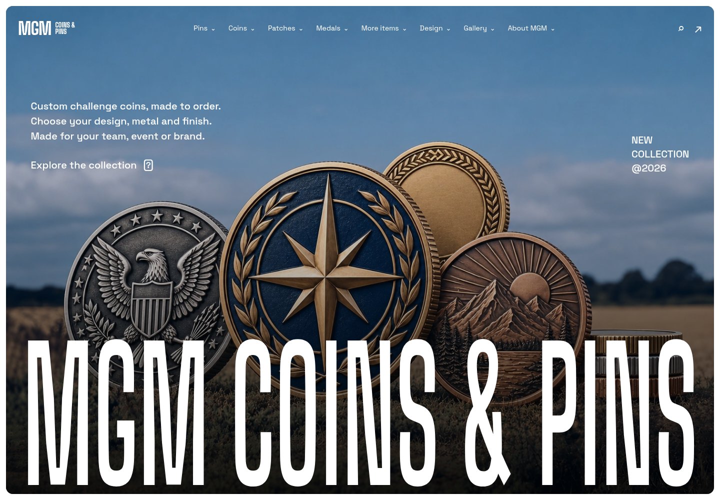 MGM Coins & Pins homepage, showing the public website design